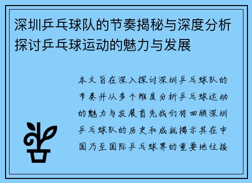 深圳乒乓球队的节奏揭秘与深度分析探讨乒乓球运动的魅力与发展